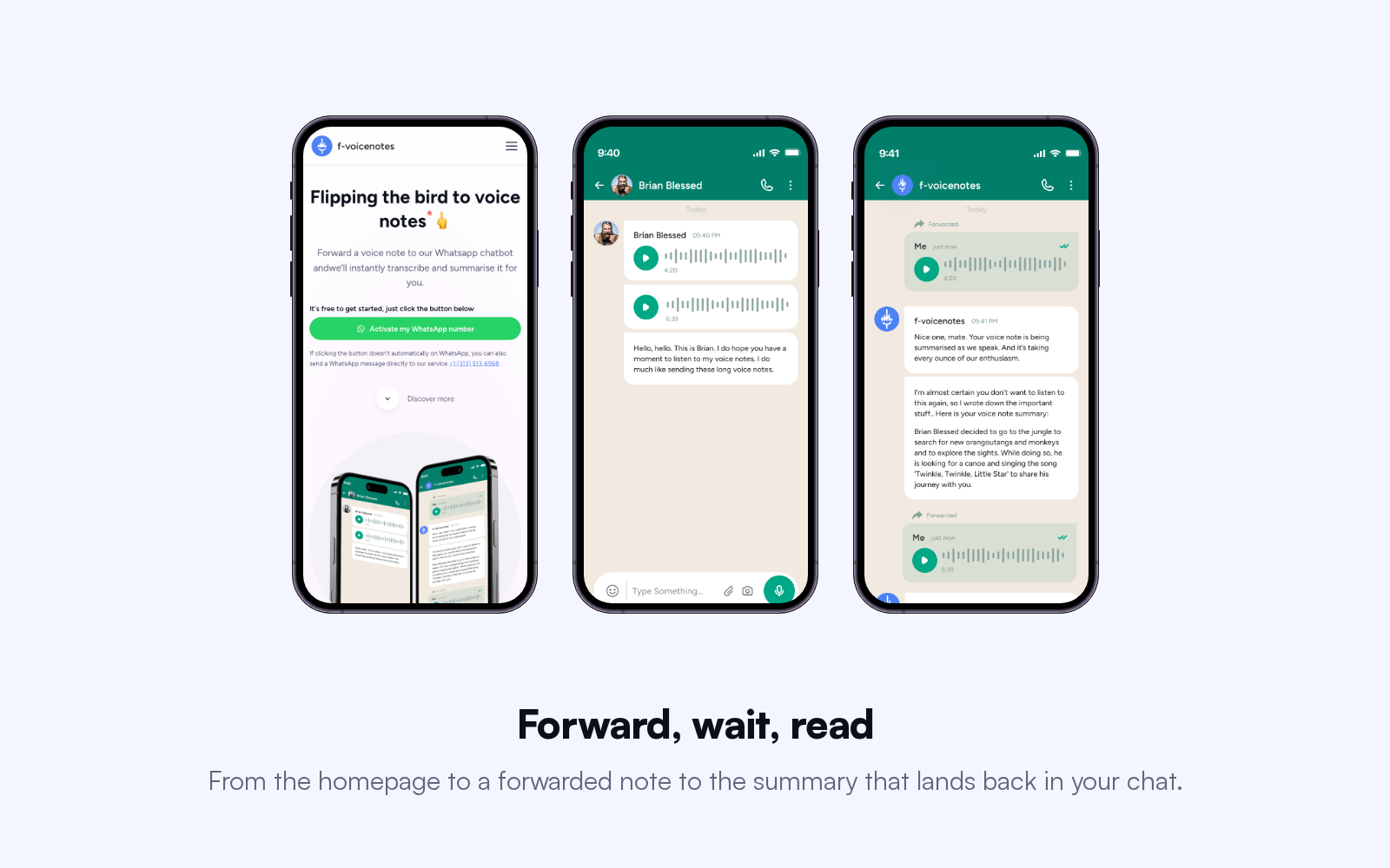 Three phone screens: the f-voicenotes homepage, and a WhatsApp chat forwarding a voice note then receiving the text summary