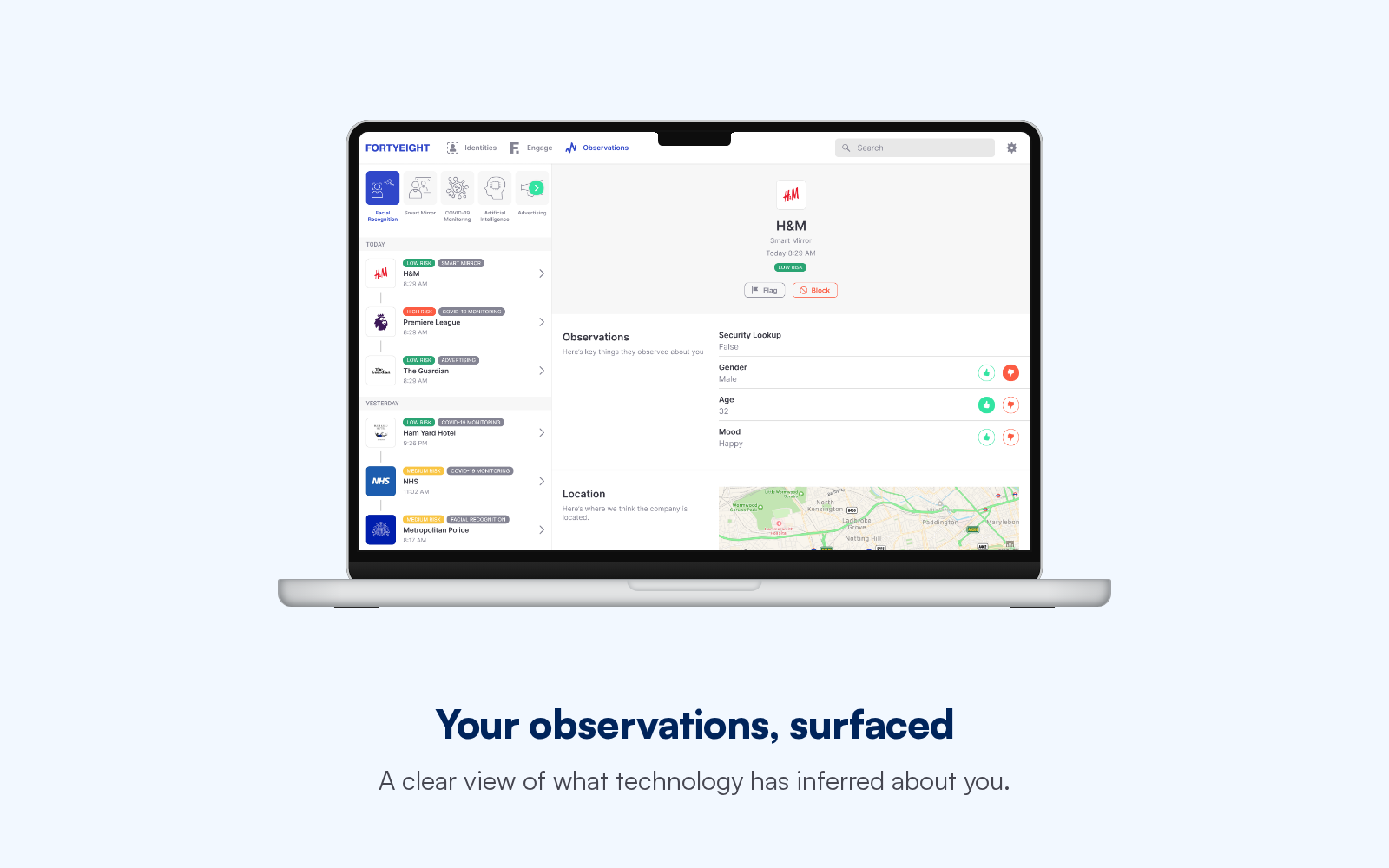 The FORTYEIGHT web app showing the observations a company has made about a person