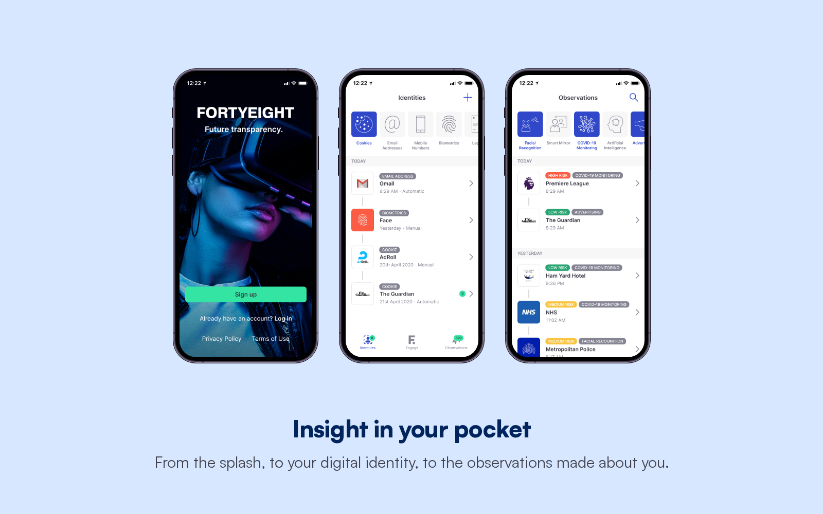 Three phone screens of the FORTYEIGHT Observer app: splash, your digital identity, and the observations made about you