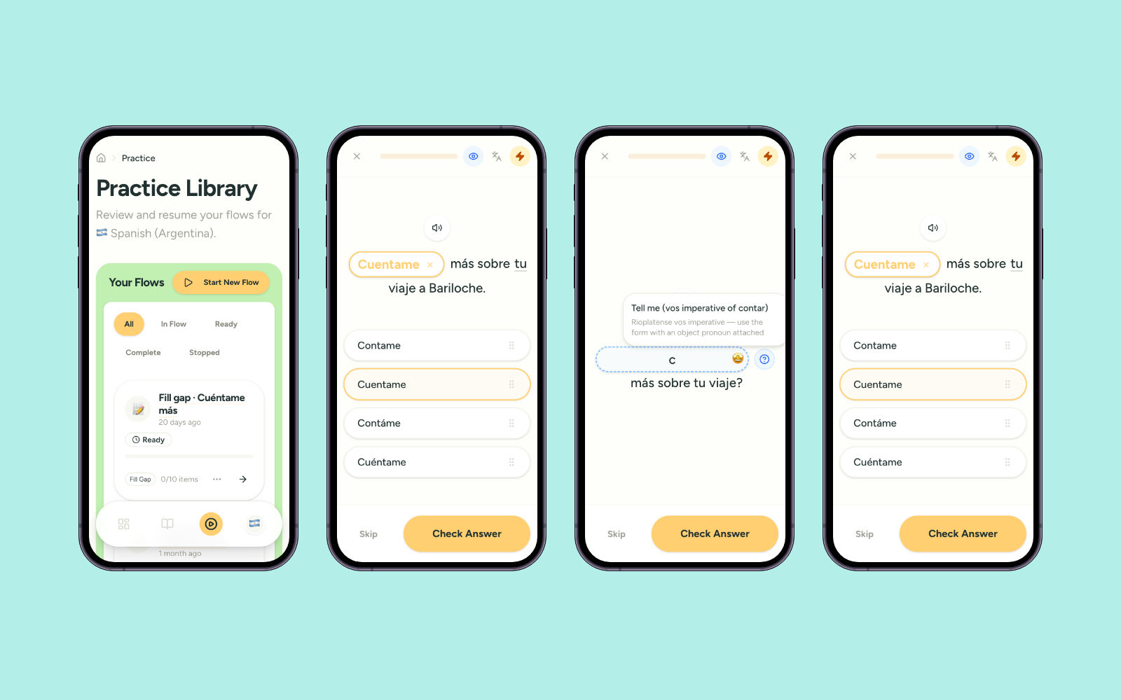 Four Lingo.Yoga mobile screens: the session overview alongside the fill-the-gap and type-the-gap exercises